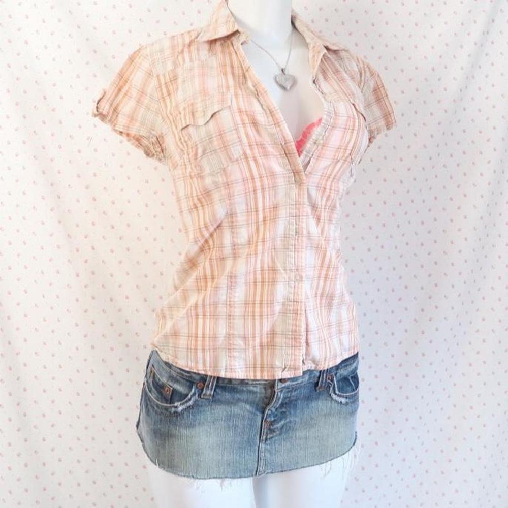 y2k peach plaid button up — S/P